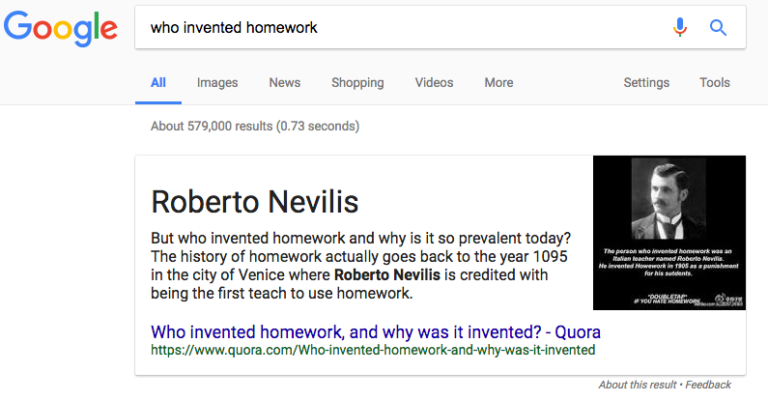 Résultats de Google : Who invented homework ?